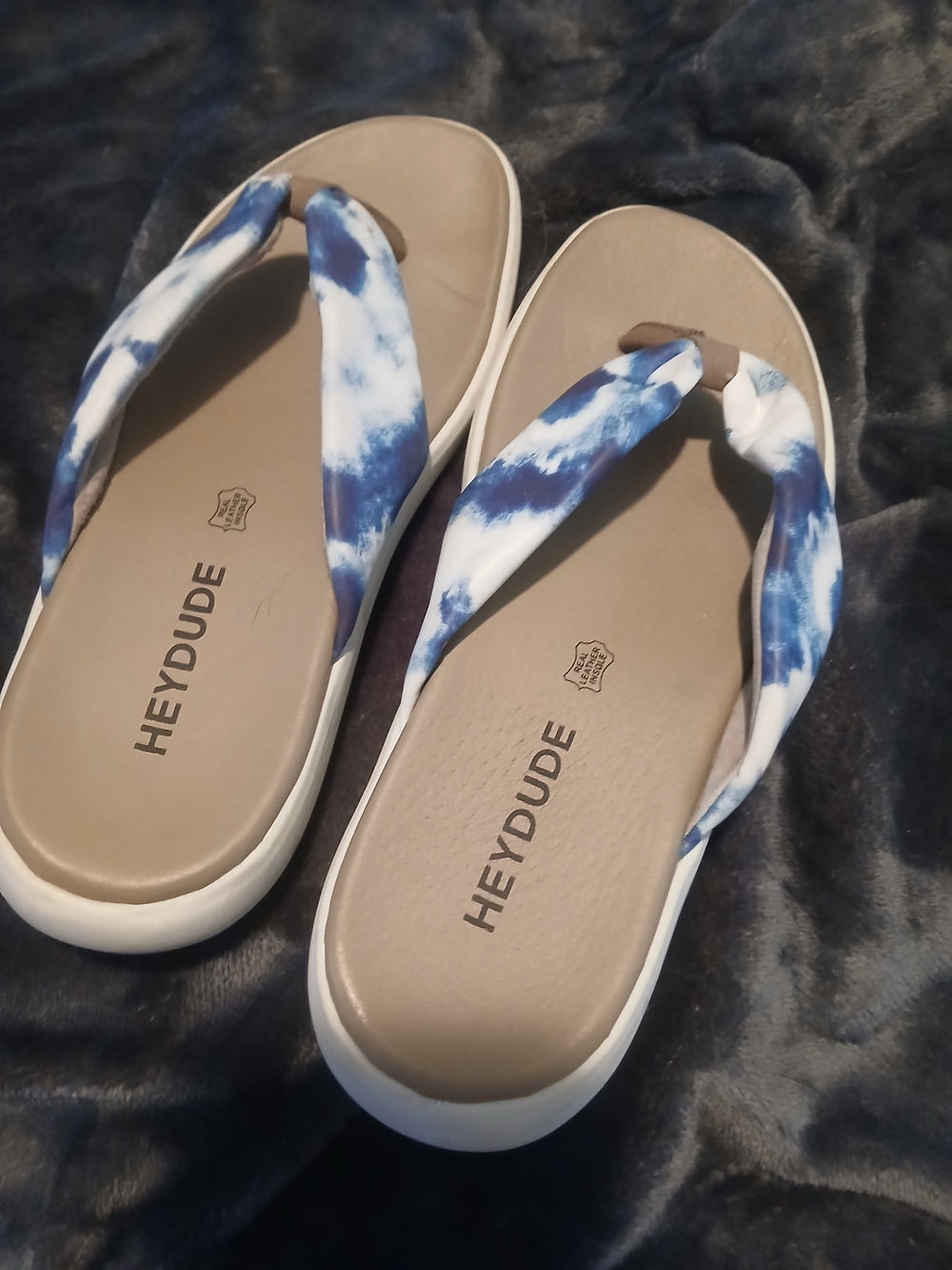 Hey Dude Women’s Blue Tie-Dye Flip Flop Sandals For Sale!